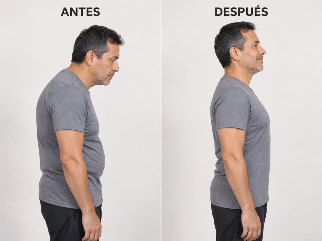 Hombre antes y después: de encorvado a postura recta